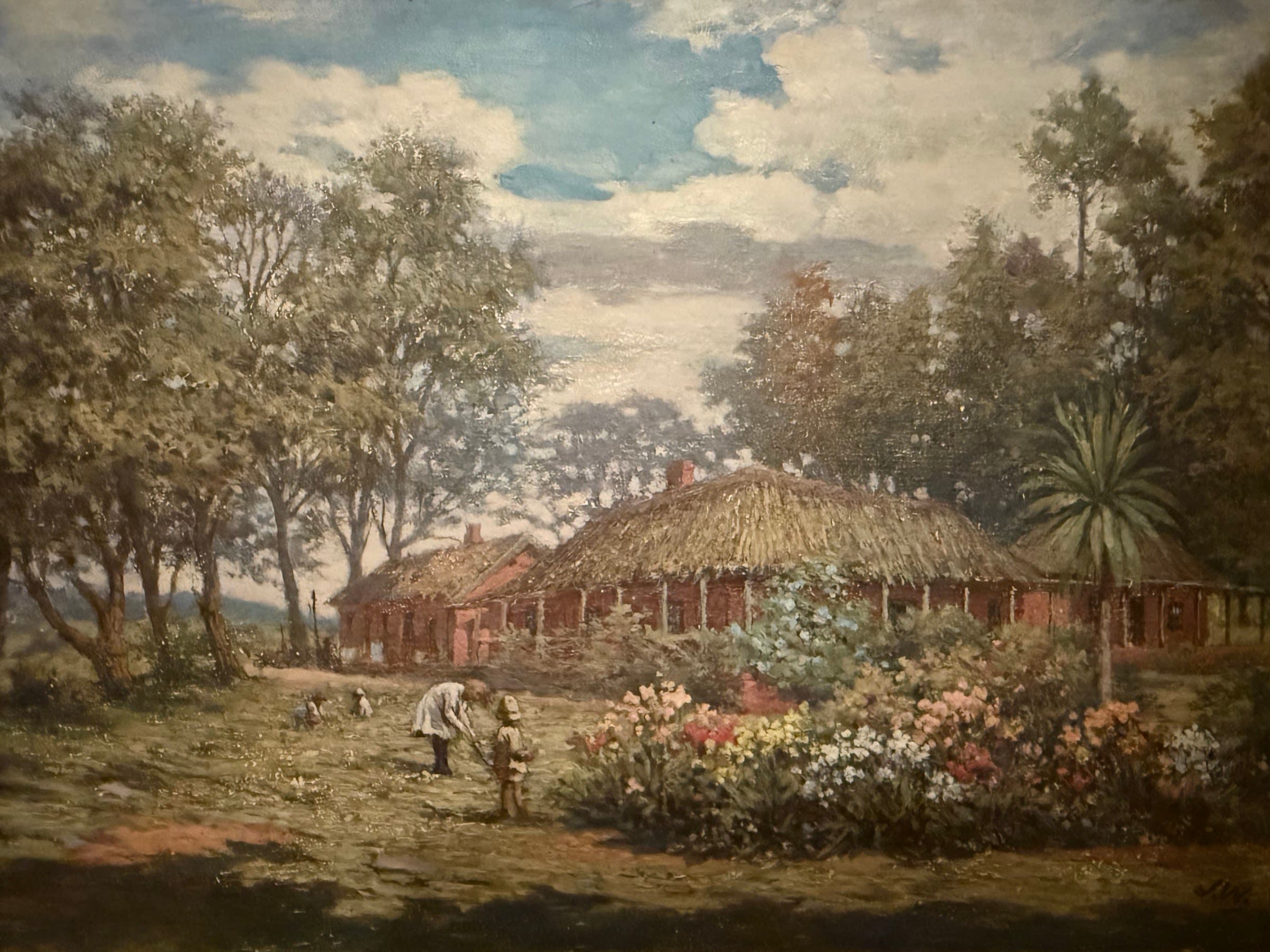 Oil painting of the Lemonkop farmstead in the Eastern Highlands of Zimbabwe, circa 1914 by James Ward, a thatched homestead with a flower garden and figures working the ground in front